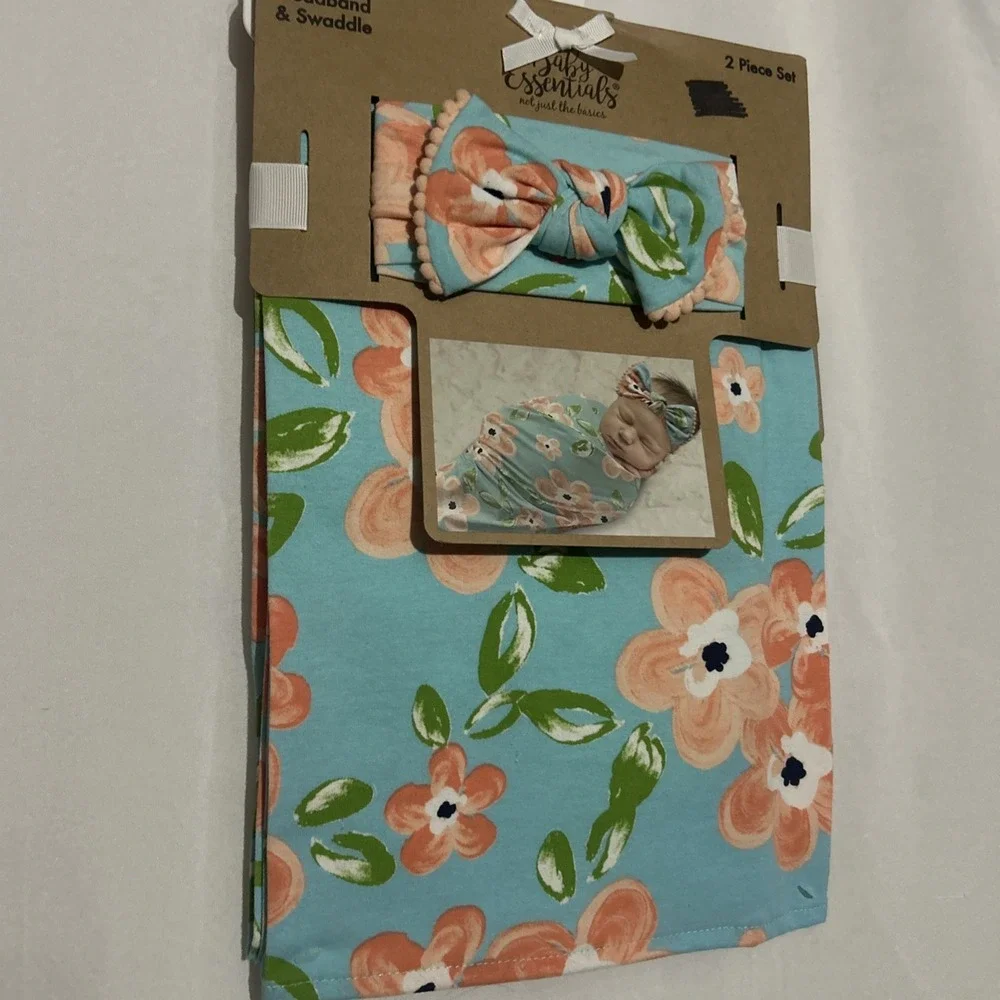 Baby essentials photo op headband & swaddle two piece floral new with tags